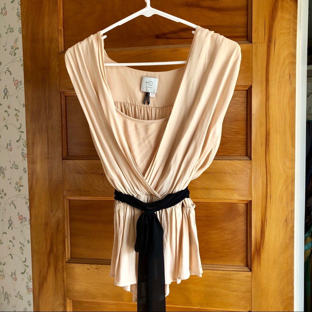 Cream and black peplum wrap blouse